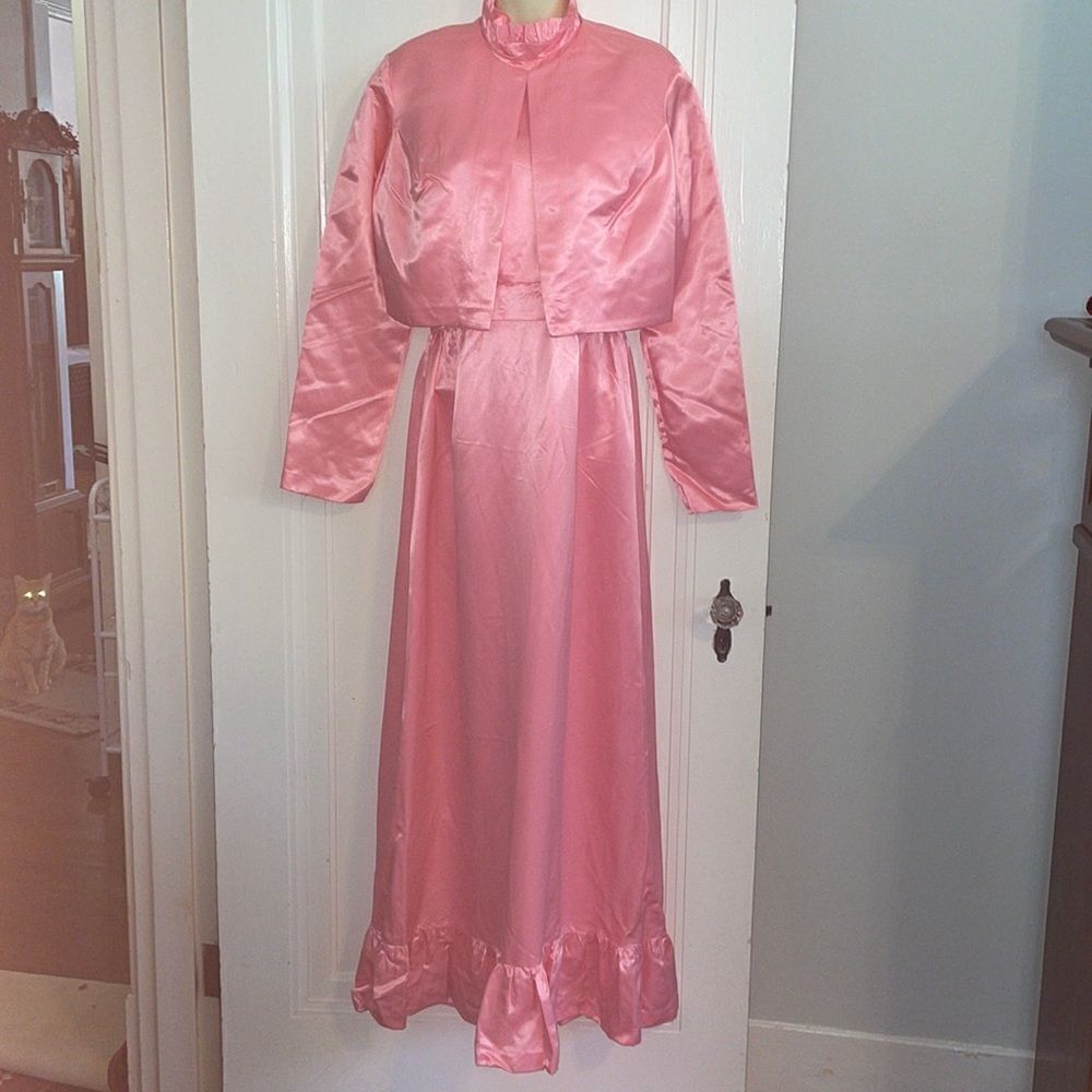 Vtg 70s pink satin halter ruffle‎ neck party/prom dress with matching jacket